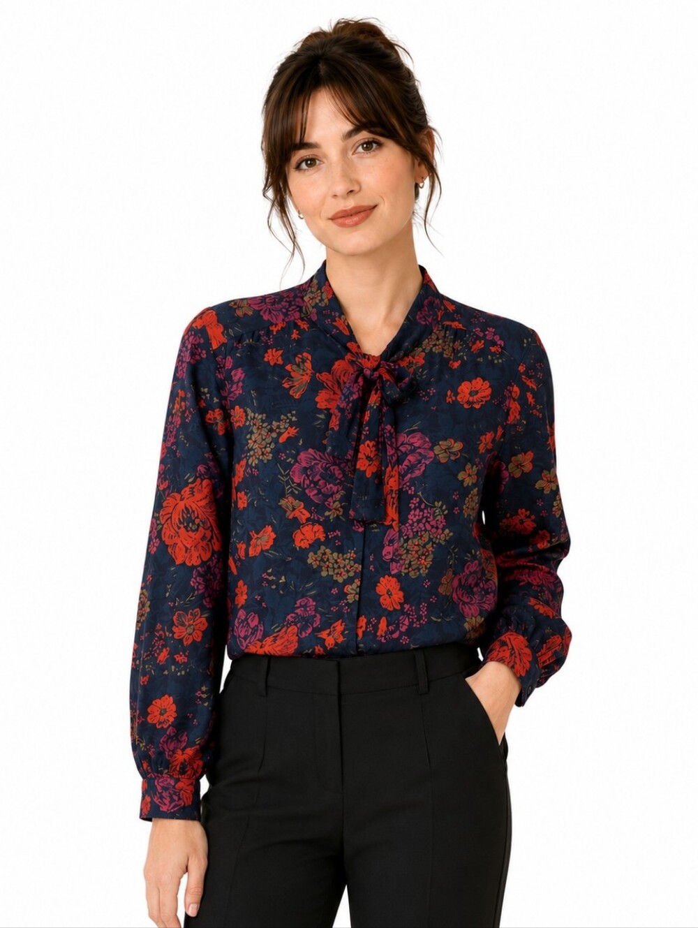 Vintage Pendleton Blouse Floral Neck Tie Scarf Button Down Red Blue Size 12